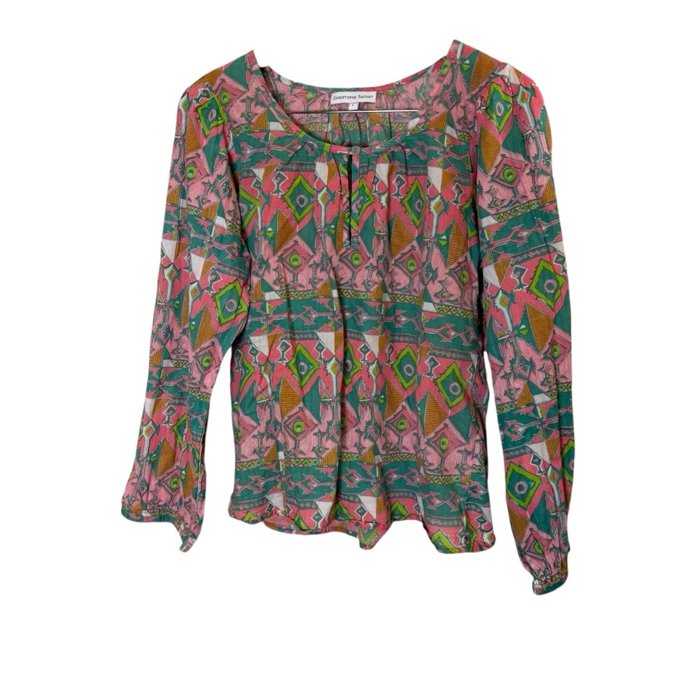 Christophe Sauvat Women’s Lightweight Cotton Boho Preppy Artsy Poet Blouse sz L